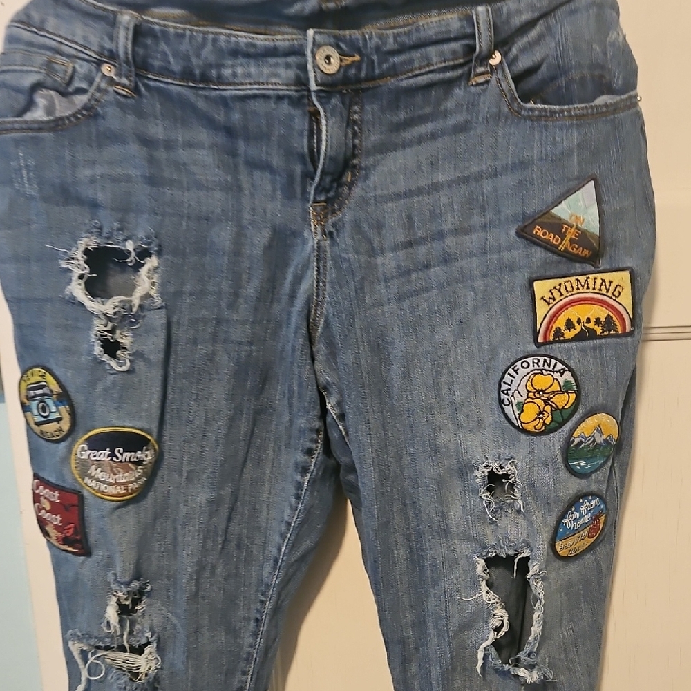 Torrid Blue Boyfriend Jeans with Colorful Patches